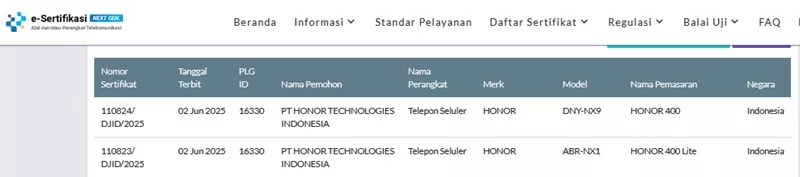 Sertifikasi Postel Honor 400 Series Sertifikasi Postel Honor 400 Series