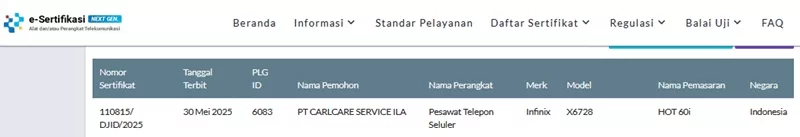 Sertifikasi Postel Infinix Hot 60i Sertifikasi Postel Infinix Hot 60i