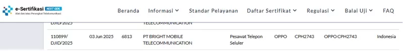 Sertifikasi Postel Oppo CPH2743 Sertifikasi Postel Oppo CPH2743