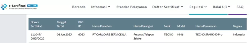 Sertifikasi Postel Tecno Spark 40 Pro Sertifikasi Postel Tecno Spark 40 Pro