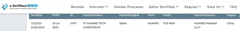 Sertifikasi Postel Huawei MatePad 11.5 Sertifikasi Postel Huawei MatePad 11.5