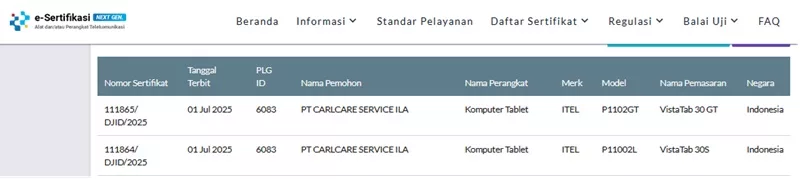 Sertifikasi Postel Itel VistaTab 30S dan VistaTab 30 GT