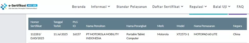 Sertifikasi Postel Motorola MotoPad 60 Lite Sertifikasi Postel Motorola MotoPad 60 Lite