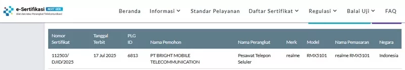 Sertifikasi Postel Realme RMX5101