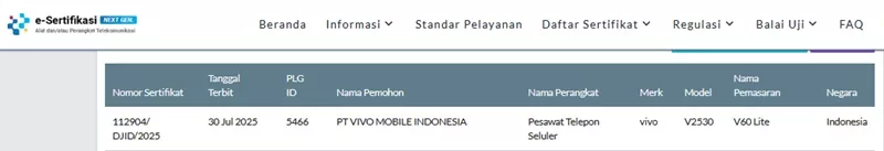 Sertifikasi Postel Vivo V60 Lite