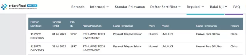 Sertifikasi Postel Huawei Pura 80 Series Sertifikasi Postel Huawei Pura 80 Series