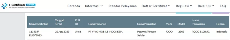 Sertifikasi Postel iQOO I2505 Sertifikasi Postel iQOO I2505