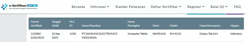 Sertifikasi Postel Galaxy Tab A11 Sertifikasi Postel Galaxy Tab A11