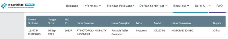 Sertifikasi Postel Motorola MotoPad 60 Neo Sertifikasi Postel Motorola MotoPad 60 Neo