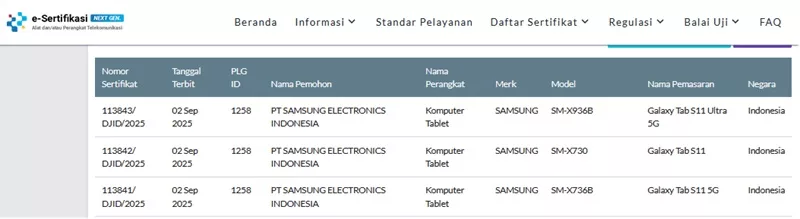 Sertifikasi Postel Samsung Galaxy Tab S11 Series Sertifikasi Postel Samsung Galaxy Tab S11 Series